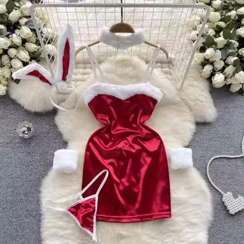 Бархатное вечернее платье, женское милое однотонное тонкое ночное белье на Хэллоуин, косплей с кроликом для девочек, сексуальное модное нижнее белье, пижамы на бретельках M