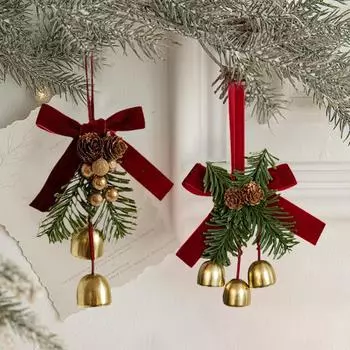Бархатные банты, рождественские колокольчики, подвесные украшения, шишки, декор для елки, праздничные принадлежности, праздничные подвесные изделия