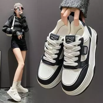 Бархатные белые туфли, женская обувь, осень и зима, новые мягкие кожаные туфли для скейтбординга, толстая подошва, увеличивающая рост, повседневная спортивная обувь 35 чёрный