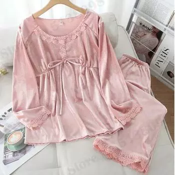 Бархатные брюки с длинными рукавами, пижамы, свободная повседневная однотонная одежда для сна, осень-зима, велюровая ночная рубашка для женщин, домашняя одежда с круглым вырезом M розовый