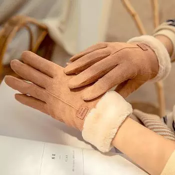 Бархатные перчатки из оленьей кожи, хлопковые утолщенные зимние плюшевые корейские студенты, теплые перчатки для девочек, милые женщины, защищающие от холода осенью и зимой чёрный