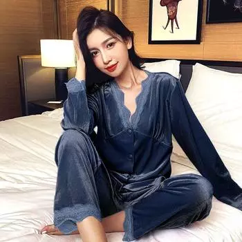 Бархатные пижамы для женщин осенью и зимой, комплект домашней одежды с длинными рукавами и кукольным воротником M