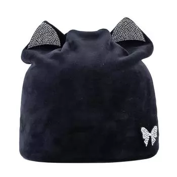 Бархатные шапки, женские зимние шапки со стразами для женщин и девочек, шапочка с ушками, женская теплая шапка 55-58cm синий