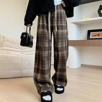 Бархатные теплые свободные прямые брюки женские винтажные с высокой талией в клетку утолщенные широкие брюки женские зимние повседневные женские брюки S темно-синий