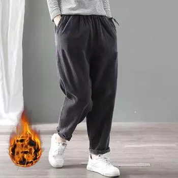 Бархатные теплые зимние брюки для женщин, вельветовые шаровары с эластичной резинкой на талии, свободные однотонные карманы, уличная одежда большого размера, женские брюки XS абрикосовый