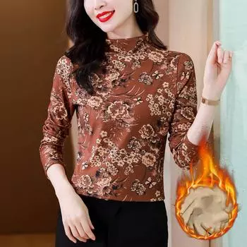 Бархатные топы, женский осенне-зимний теплый свитер с цветочным принтом, пуловер с полувысоким воротником, нижняя рубашка, тонкие женские топы с внутренней стороны M