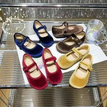 Бархатные туфли Мэри Джейн для девочек, модные на осень-зиму, велюровые, однотонные, нарядные туфли принцессы на плоской подошве 35 красный