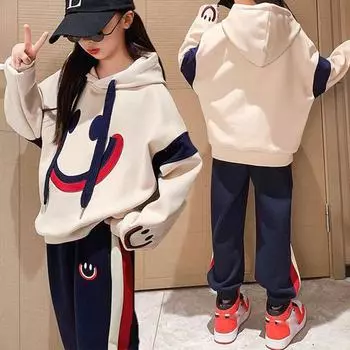 Бархатные весенние комплекты из 2 предметов для девочек на осень и зиму, повседневная толстовка + брюки, спортивные костюмы, наряды в корейском стиле, комплекты детской одежды 170 бежевый