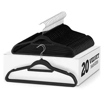 Бархатные вешалки (20 шт. в упаковке) — вешалка для одежды с перекладиной — нескользящая, поворотный крючок, тонкие фетровые вешалки — костюмы, одежда, брюки, вешалка для одежды — черный 1pc чёрный