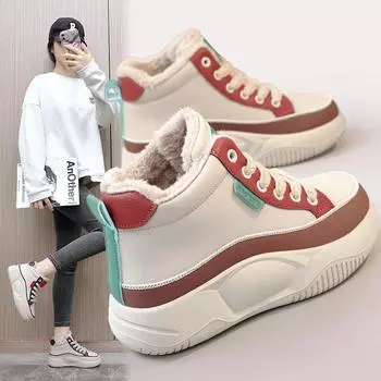 Бархатные высокие туфли, женские зимние новые туфли 2023 года с цветными блоками, корейские теплые повседневные туфли с хлопковой подкладкой для уличной стрельбы 35 синий