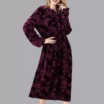 Бархатные женские пижамы с длинным рукавом и цветочным принтом размера плюс на молнии, халаты средней длины, ночная рубашка 3XL, осенне-зимние ночные халаты для женщин