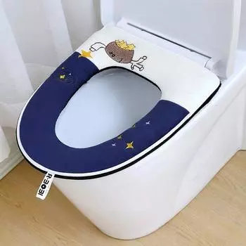 Бархатный чехол на сиденье для унитаза с милым ягненком, подушка для ванной комнаты, коврики для туалета, подушечки для унитаза, мягкая утолщенная молния, моющиеся чехлы на сиденье для унитаза с вышивкой, с ручкой One Size&1Pc синий