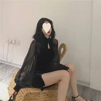 Бархатный чеонгсам: Платье из шифона с воротником-стойкой, рукавами-фонариками, высокой талией и разрезом на юбке для осени/зимы XL