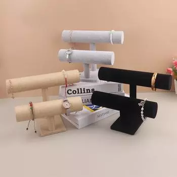 Бархатный дисплей для хранения браслетов и ювелирных изделий, органайзер для часов с Т-образной перекладиной, жесткая подставка, дисплей для браслетов и ювелирных изделий бежевый