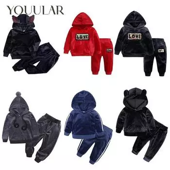 Бархатный комплект одежды с капюшоном для маленьких мальчиков и девочек, детская куртка, пальто, брюки, костюм для спортивных костюмов, спортивные костюмы, комплект детской одежды унисекс для малышей 6T