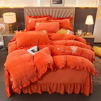 Бархатный комплект постельного белья с цветочной вышивкой, 4 шт., Эстетический комплект пододеяльников Queen King, плоский лист, одинарный, двойной, мягкий с 2 подушками 1.5x2m (5 feet)bed фиолетовый