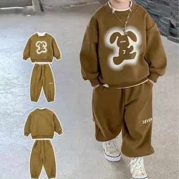 Бархатный костюм для мальчиков, осенне-зимняя толстовка с капюшоном, детская одежда, интернет-знаменитая красивая и стильная детская одежда для мальчиков 110 кофейный