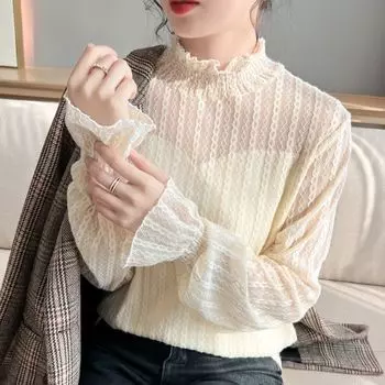 Бархатный кружевной свитер с начесом в качестве основы для осенне-зимнего полосатого плюшевого универсального сетчатого свитера M чёрный