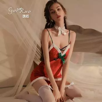 Бархатный перспективный кружевной сексуальный бретелька соблазнительный бант рождественская униформа ночная рубашка комплект S