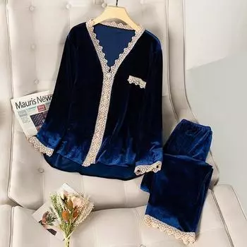 Бархатный пижамный комплект из 2 предметов для женщин, осенне-зимняя одежда для сна, повседневный комплект для сна, свободный мягкий халат с длинным рукавом, рубашка и брюки M