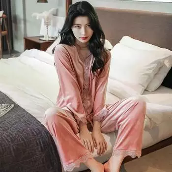 Бархатный пижамный комплект из 2 предметов, домашняя одежда, осенне-зимняя женская пижама, сексуальные бордовые кружевные брючные костюмы, пижама, свободная велюровая домашняя одежда M