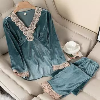 Бархатный пижамный комплект, женский, с длинным рукавом, брючный пижамный костюм, осень-зима, велюровая пижама, свободная кружевная отделка, домашняя одежда, одежда для отдыха M
