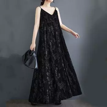 Бархатный ремешок без рукавов Большие размеры винтажный цветочный новый в платьях для женщин повседневный свободный длинный весенне-осеннее платье