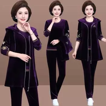 Бархатный спортивный костюм для мамы, женский бархатный спортивный костюм размера плюс с вышивкой, комплект из 3 предметов, повседневный жилет на молнии с капюшоном + футболка + брюки, спортивный костюм 5XL фиолетовый