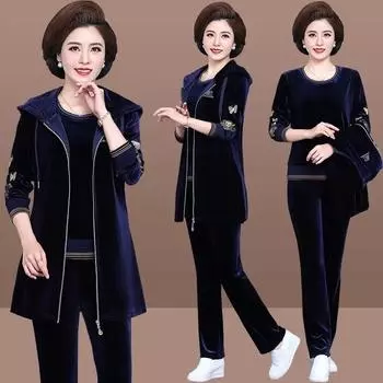 Бархатный спортивный костюм для мамы, женский бархатный спортивный костюм размера плюс с вышивкой, комплект из 3 предметов, повседневный жилет на молнии с капюшоном + футболка + брюки, спортивный костюм 4XL вино красного