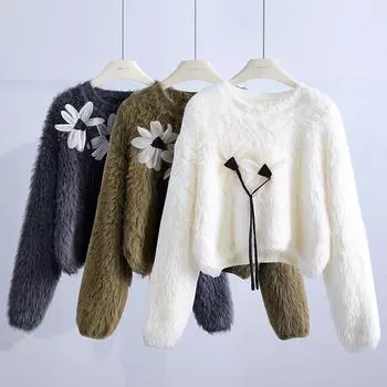 Бархатный свитер с объемным цветком, женский осенне-зимний дизайн, Sense Niche, короткий свитер с длинными рукавами S