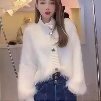 Бархатный свитер с высоким воротником из искусственной норки, маленький ароматный высококачественный темпераментный вязаный кардиган свободного кроя с мехом, женский One Size розовый