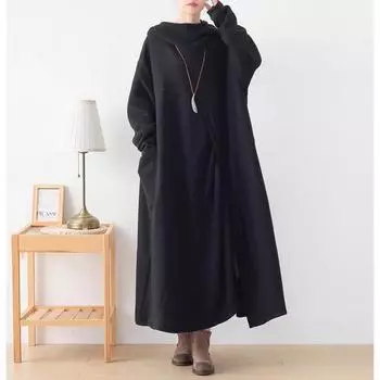 бархатный свободный большой размер свитер юбка с капюшоном длинное платье большой халат L чёрный