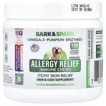 Bark&Spark, Allergy Relief Immune жевательные таблетки, для снятия зуда кожи, для собак, курица, 120 мягких жевательных таблеток, 264 г (9,3 унции)