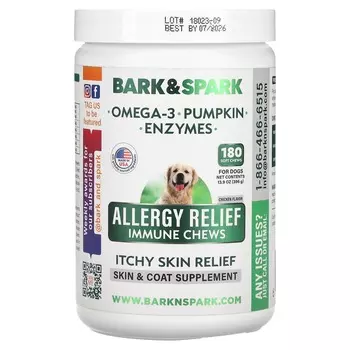 Bark&Spark, Allergy Relief Immune жевательные таблетки, для снятия зуда кожи, для собак, курица, 180 мягких жевательных таблеток, 369 г (13,9 унций)