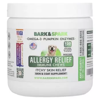 Bark&Spark, Allergy Relief Immune жевательные конфеты, для снятия зуда кожи, для собак, со вкусом бекона, 120 мягких жевательных конфет, 264 г (9,3 унции)