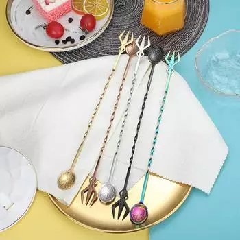 Барная ложка, противоскользящая спиральная вилка из нержавеющей стали, фруктовая вилка, мешалка для коктейлей, сувенир для вечеринки золотистый