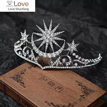 Барочная звезда, луна, корона, кристалл, свадебная диадема, стразы, диадема, звезда, головной убор невесты, свадебные аксессуары для волос, тиара серебряный
