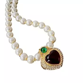 Барочный кулон в виде красного хрустального сердца, жемчужный чокер, жемчужная цепочка для ключицы, на каждый день