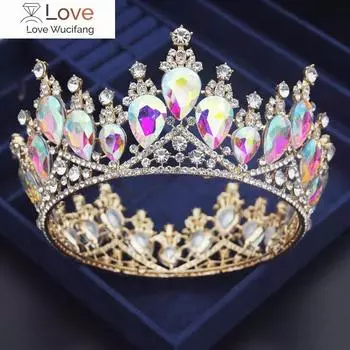 Барокко Капля воды Аб Кристалл Свадебная корона Королевская королева Выпускной Невеста Диадема Конкурс Круглая тиара Головной убор Свадебные украшения для волос серебро белый