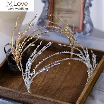 Барокко Кристалл Стразы Кисточка Лист Ободок Для Волос Женская Свадебная Тиара Аксессуары Для Волос Корона Украшения Для Волос as shown золотой