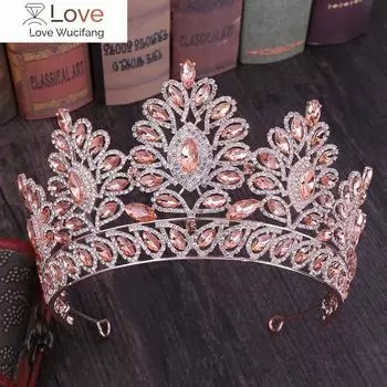 Барокко розовое золото розовые большие стразы свадебные диадемы корона шампанского кристалл диадема фата тиара ободки свадебные аксессуары для волос
