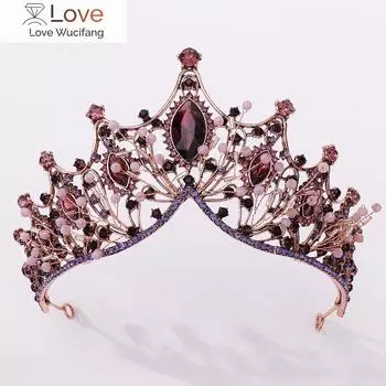 Барокко Винтаж Фиолетовые хрустальные бусины Свадебные тиары Корона невесты Ободок для волос Черный горный хрусталь Пышная диадема Свадебные аксессуары для волос золотой