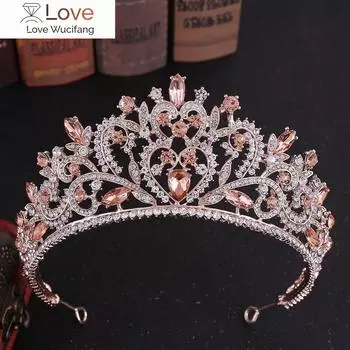 Барокко Винтаж розовое золото персиковое сердце кристалл свадебные диадемы короны пышные стразы диадема фата тиара свадебные аксессуары для волос