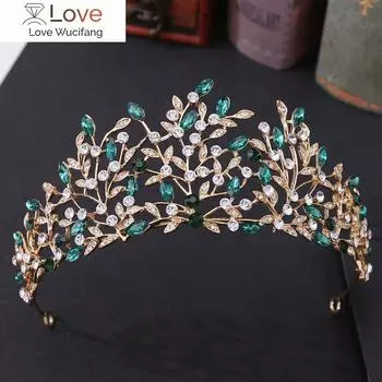 Барокко Винтаж Золото Зеленый Кристалл Лист Свадебные Диадемы Корона Стразы Пышные Диадемы Невесты Ободки Свадебные Аксессуары Для Волос