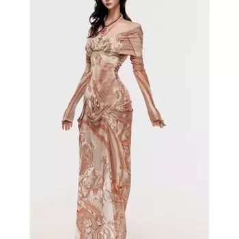 Baroque Retro MSS Studio Original Design Slimming Printed off Shoulder Sexy Sexy Dress goods in stock S