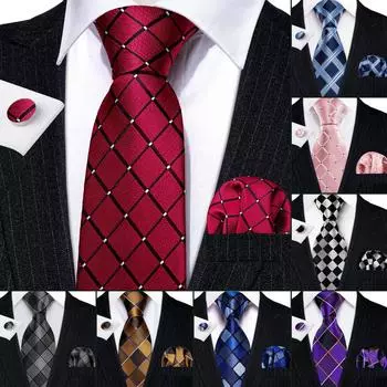 Barry.Wang клетчатые галстуки, мужской шелковый галстук и нагрудные квадратные запонки, комплект для официальной свадьбы, бизнеса N-6012