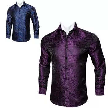 Barry.Wang Мужские повседневные рубашки Топ Фиолетовый Синий Пейсли Цветочные шелковые рубашки Осенние рубашки с длинными рукавами и цветами 3XL