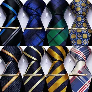 Barry.Wang Синий галстук, шелковый мужской деловой галстук, носовые запонки с золотым галстуком Barry.Wang N-5325