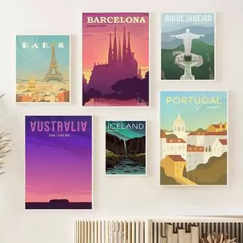 Барселона Париж Лиссабон Бразилия Исландия Австралия Пейзаж Плакат Путешествия Иллюстрации на память Приключения Эстамп 21cm30cm NoFrame