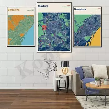 Барселона. Севилья. Бильбао. Мадрид. Альмерия. Цветная карта городов Испании. Искусство стены. плакат 21cm30cm NoFrame